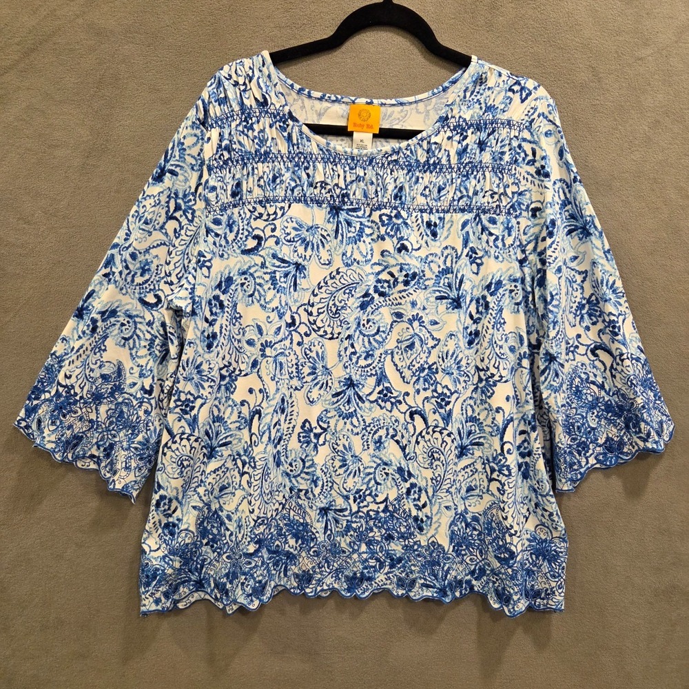 Ruby Rd. Blue and White Paisley Smocked Neck Cutout Blouse